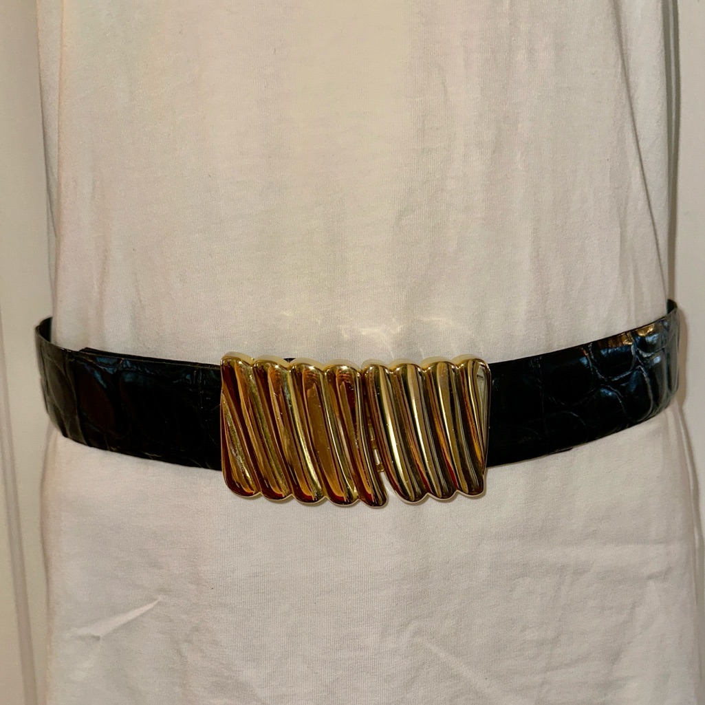 Vtg Lauren Alexandra Black Embossed Crocodile Leather Belt With Gold Buckle